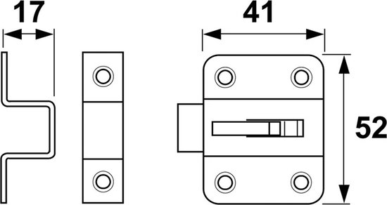 Technische tekening van een gegalvaniseerde raamknip met maten: 17, 41 en 52 mm.
