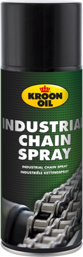 Kroon Oil industriële kettingspray. Zwarte spuitbus met groene details en een afbeelding van een metalen ketting.