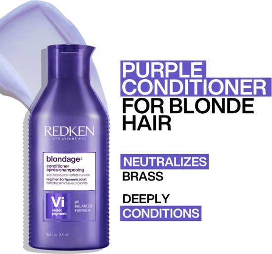 Bouteille violette de conditionneur Redken Color Extend Blondage de 500 ml, texte : 'Purple Conditioner for Blonde Hair'.