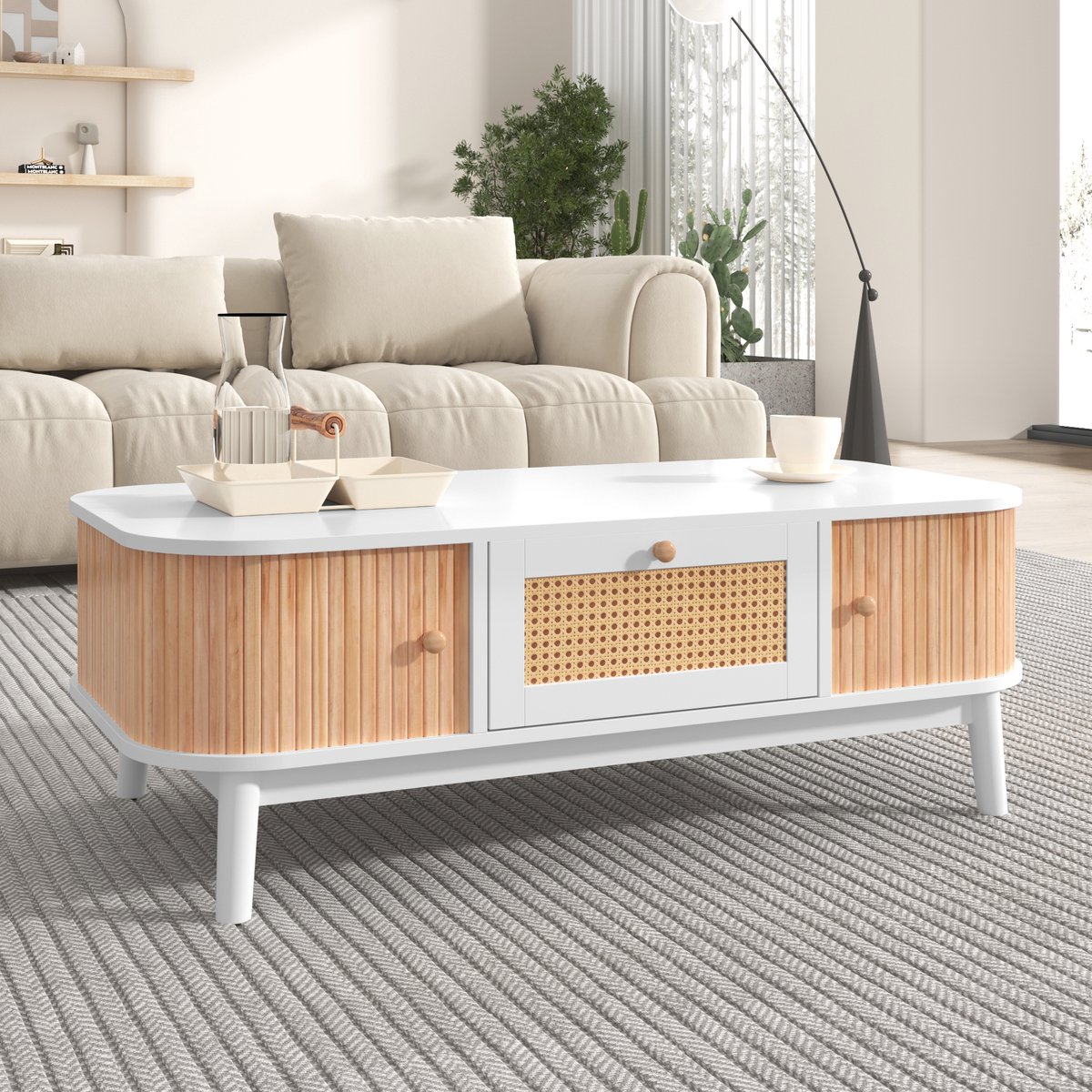 Sweiko Salontafel, rotan salontafel, lades met rotan en schuifdeuren met massief houten latten, massief houten poten, natuurlijke landelijke stijl Wit