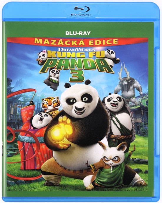 Blu-ray hoes van Kung Fu Panda 3 met Po en zijn vrienden, de titel van de film en het DreamWorks logo.