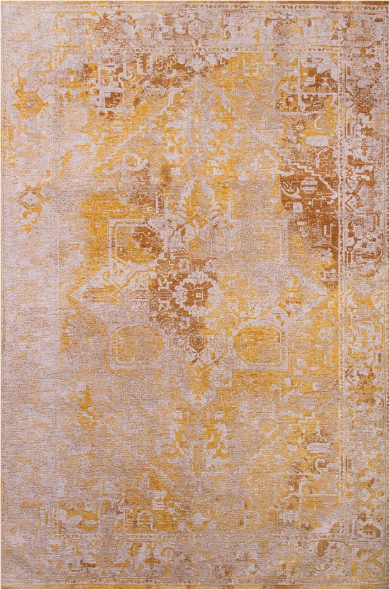 Vloerkleed Heris geel met sierlijke motieven in het midden, vervaagde kleuren en texturen, antieke look. - Tapijt - 240 x 340 cm
