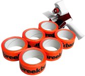 Kortpack - SET: 6 rollen Fluor Oranje Breekbaar-Tape + 1 Tapedispenser - Waarschuwingsplakband + Dozensluiter - (020.0826)