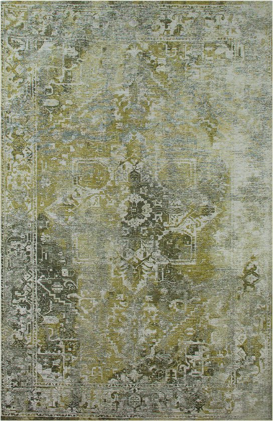 Vloerkleed Heris groen met sierlijke motieven in het midden, vervaagde kleuren en texturen, antieke look. - Tapijt - 140 x 200 cm
