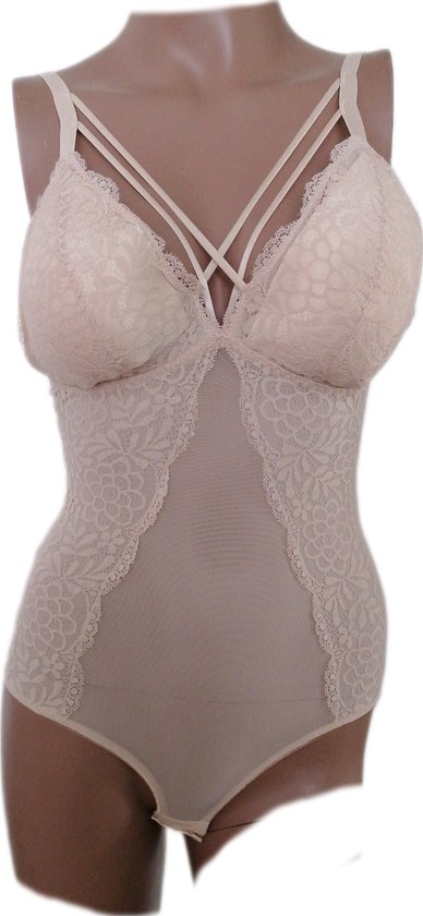 Femme - Bodystocking - Lingerie - Avec dentelle et corsage transparent - Correctif - Couleur Beige - Taille 36-38 - Cadeau - Noël