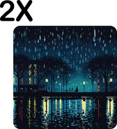 BWK Flexibele Placemat - Regenachtige Nacht - Skyline - Illustratie - Set van 2 Placemats - 40x40 cm - PVC Doek - Afneembaar
