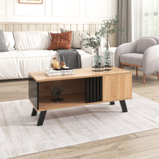Grande table basse Sweiko 100 x 60 x 53 cm en bois coloré et design noir, table de salon avec table d'appoint à tiroirs, espace de rangement polyvalent et aspect unique