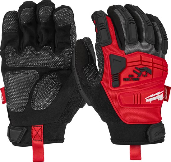 Milwaukee impact sloop handschoenen, zwart met rode versterkingen op de knokkels en rode lussen.