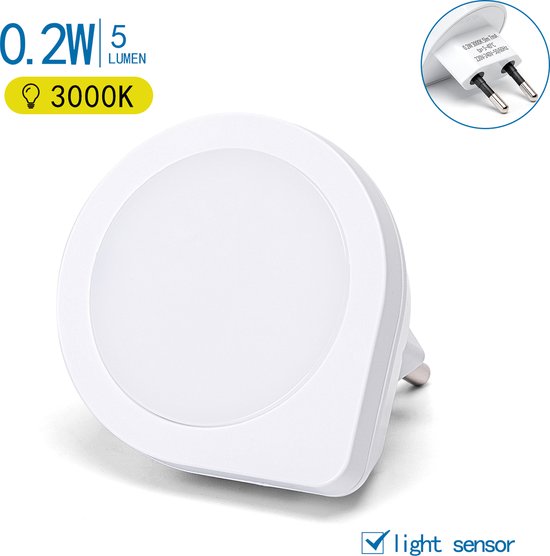 Stekkerlamp - Nachtlamp met Dag en Nacht Sensor - 0.2W - Warm Wit 3000K - Rond - Mat Wit - Kunststof