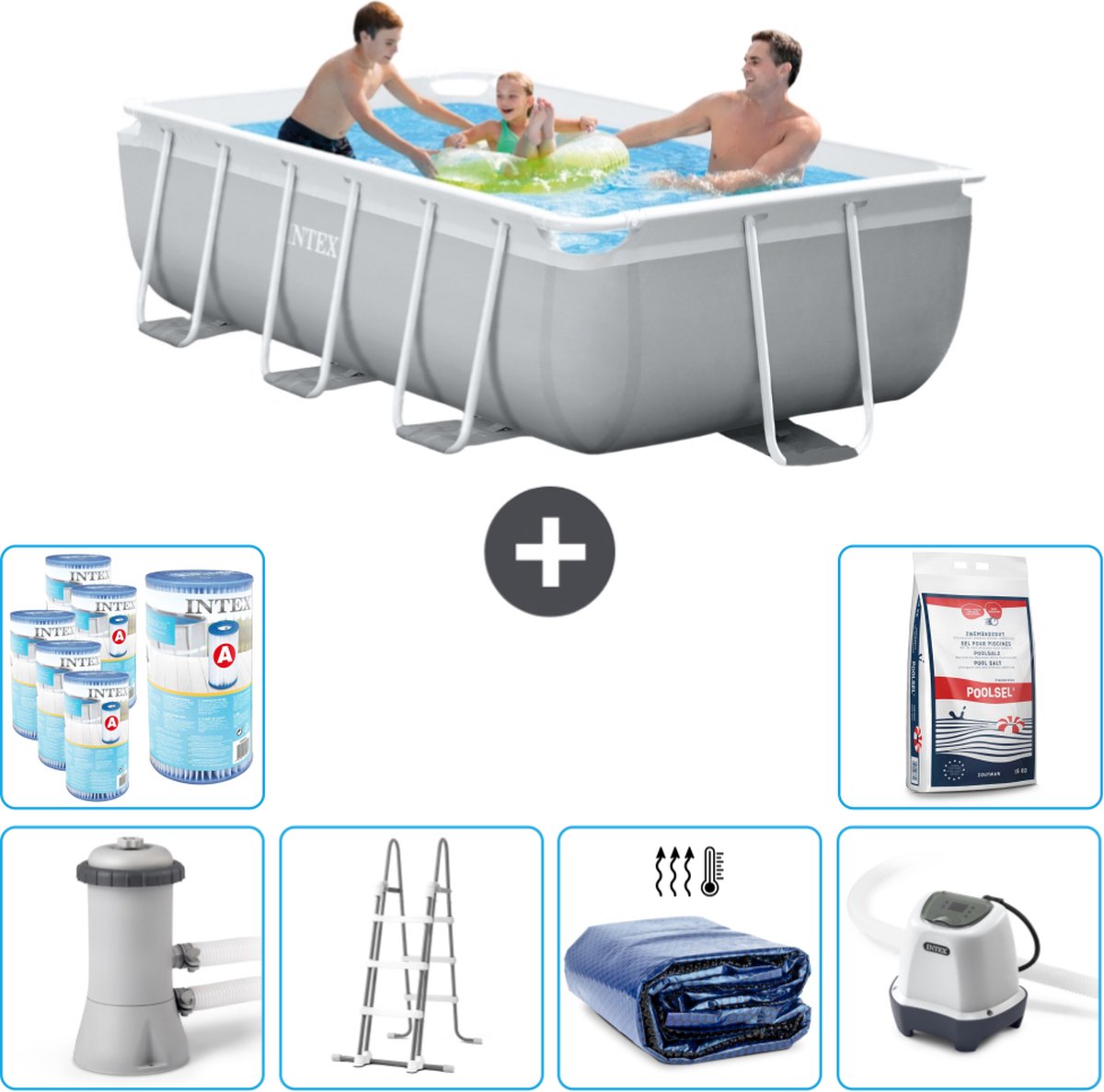 Intex Rechthoekig Prism Frame Zwembad – 300 x 175 x 80 cm – Grijs – Inclusief Pomp – Ladder Solarzeil – Zoutwatersysteem – Filters – Zwembadzout