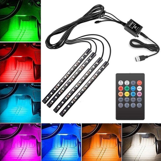 12V RGB LED Auto Neon Strip Licht Kit - Veelzijdige Kleuren & Ademendeffecten - Duurzaam ABS & 5050 LEDs - Eenvoudige USB Installatie - Weerbestendig - Perfect voor Voertuiginterieur - Inclusief Afstandsbediening - 4 Strips van 22 cm
