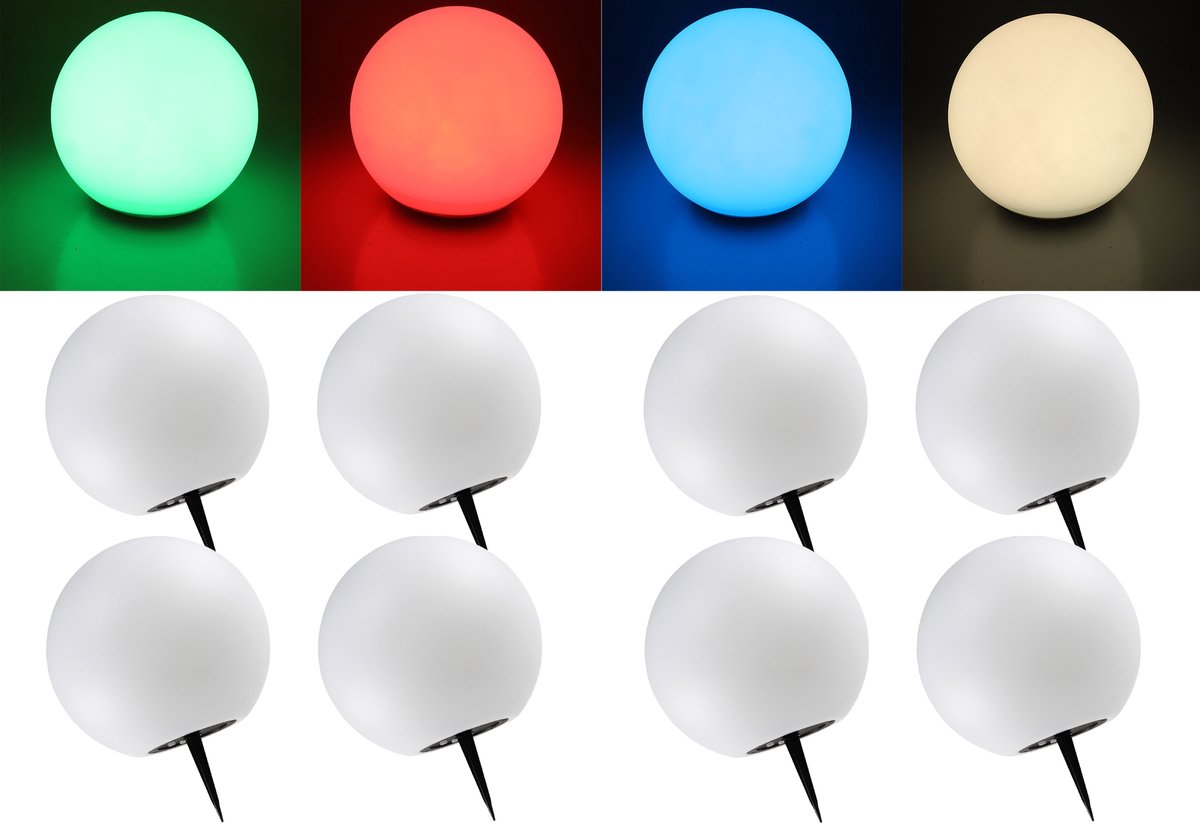 Trango Set van 8 IP65 LED solar lamp SO-001*2 in 20cm diameter wit mat met 3000K warm wit LED & RGB kleurverandering LED *SNOWY* solar ball light bulb, buitenlicht, globe lamp, tuinlamp