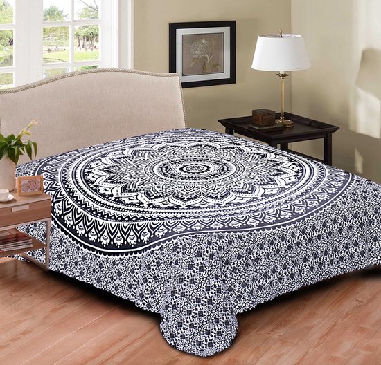 Couvre-lit 2 personnes - couvre-lit en coton - Mandala - Grijs/ noir / blanc - multifonctionnel - couverture d'été