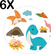 BWK Luxe Ronde Placemat - Vrolijke Dino's - Voor Kinderen - Getekend - Set van 6 Placemats - 50x50 cm - 2 mm dik Vinyl - Anti Slip - Afneembaar