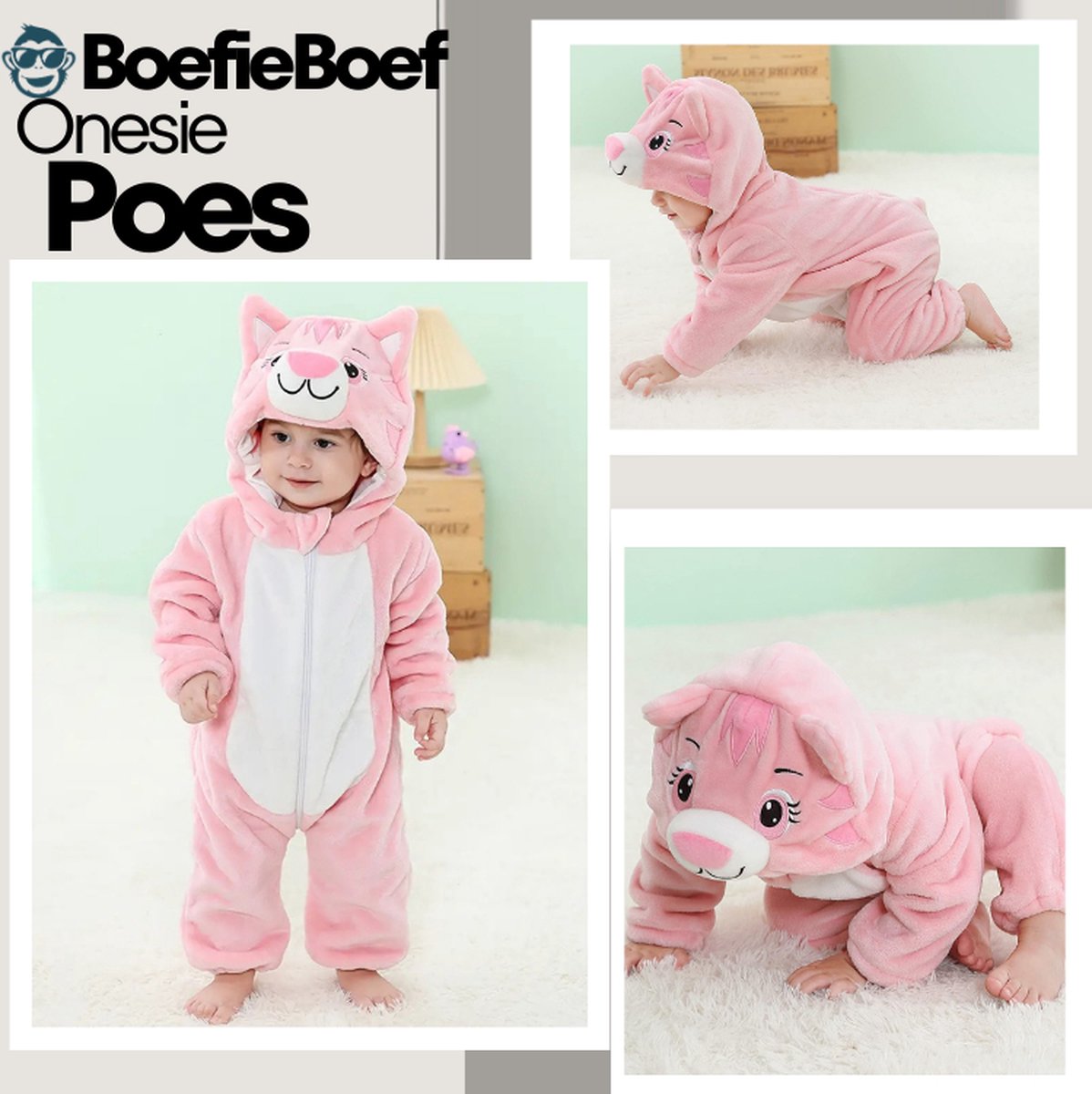 BoefieBoef Dieren Kleuter Onesie Peuter Pyjama Kinderen – Verkleedkleding met Luierrits – Carnaval Dierenpak - Kerst Cadeau- Zacht Flanel - Baby Romper - Boxpak - Jongens - Meisjes - Kruippak - Winterpak - Poes Roze Kat Cat — afbeelding 8