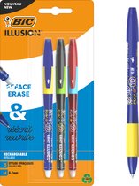 BIC Illusion - Uitwisbare en Navulbare Balpen - Blauwe, Zwarte en Rode Schrijfkleur- Pak van 3 pennen - Medium Punt (0.7 mm)