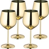Relaxdays wijnglazen rvs set van 4 - onbreekbare rode wijn glazen - 400 ml - herbruikbaar - goud