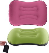 Pakket van 2 opblaasbare kampeerreiskussens, 2.0 ultralicht comfortabel opblaasbaar kussen nekkussen samendrukbaar compact voor kamperen reizen buiten kantoor (roze rood + groen)
