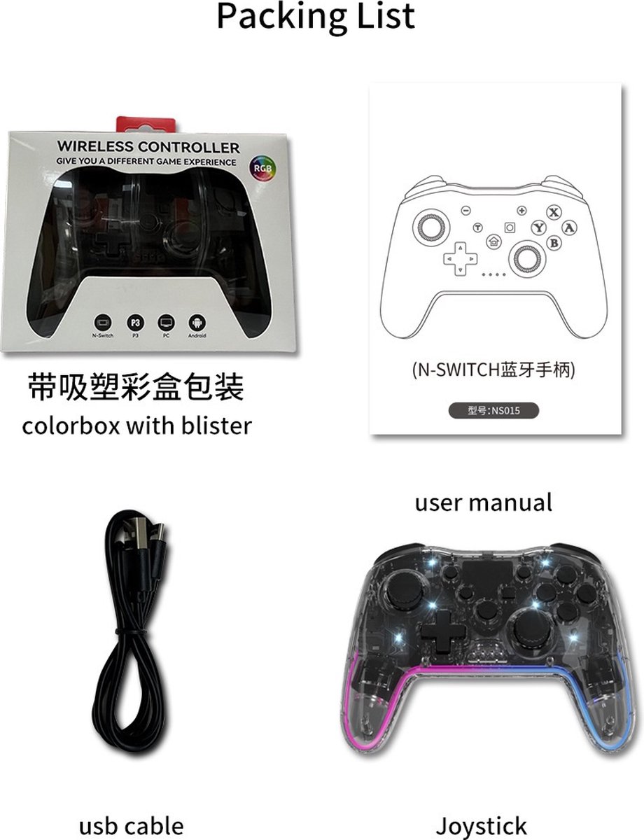 Meedeer Pro Controller Draadloos - Turbo Knop -- RGB Verlichting - Geschikt voor Nintendo Switch Controllers - Controller Switch Support Turbo - up-functie en verstelbare LED (transparant Wit) – foto 2