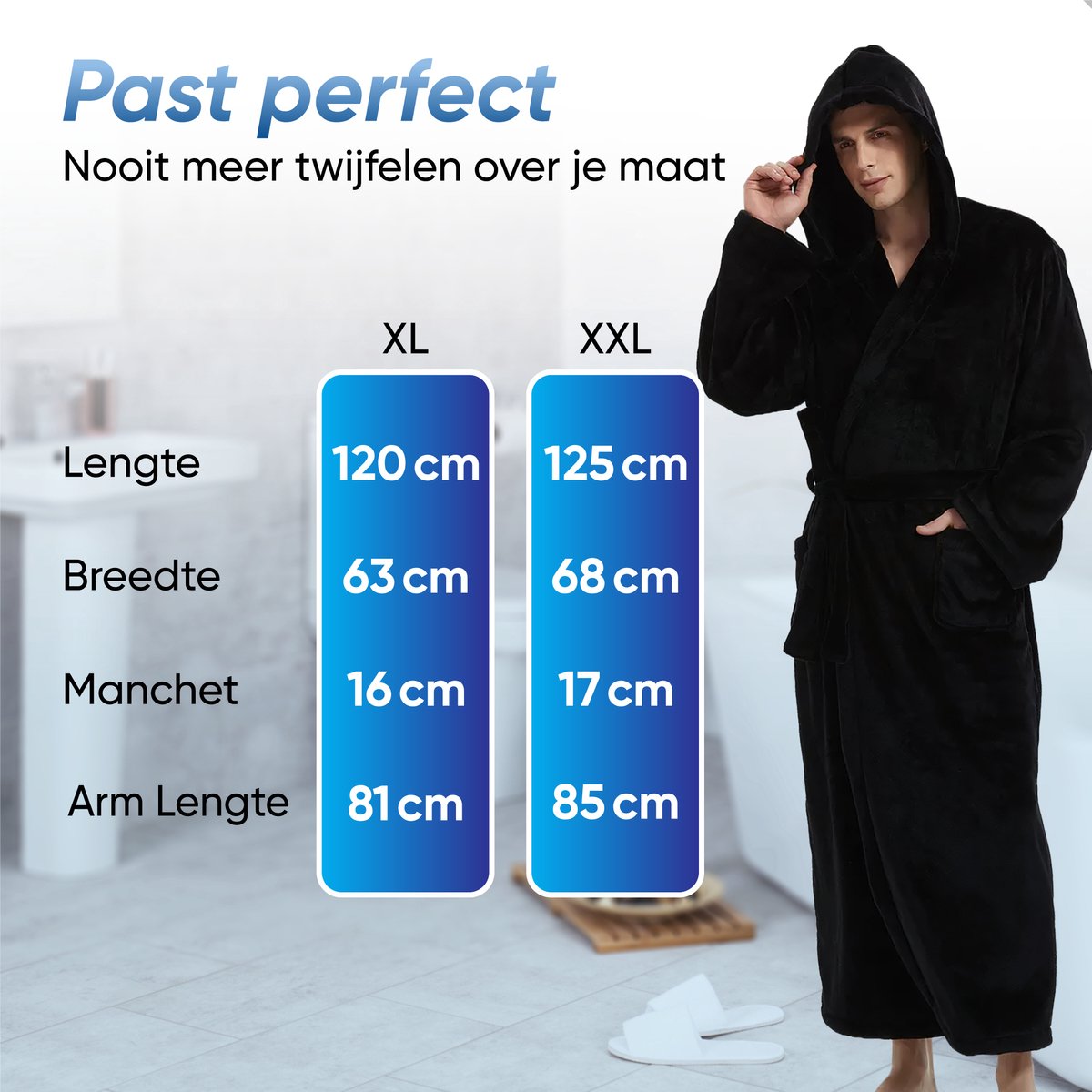 HGMD Badjas met Capuchon - Zwart - XL/XXL - Unisex - Badjas dames - Badjas heren - Wasmachine bestendig — afbeelding 4