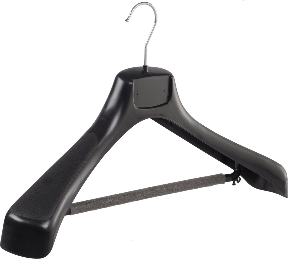 De Kledinghanger Gigant - 20 x Mantelhanger / kostuumhanger kunststof zwart met schouderverbreding en anti-slip broeklat (2 mm schuim), 49 cm