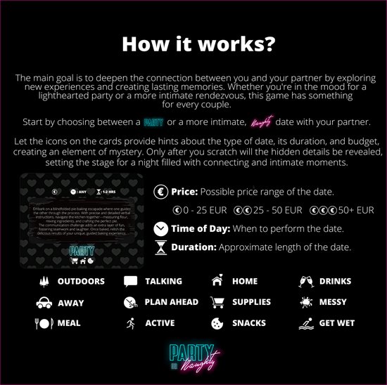 Party or Naughty - Date Night Ideas Scratch Off - Le jeu ultime pour votre soirée en amoureux | jeu de fête | jeu de relation | Valentin | phrase d'accroche | cadeau relationnel