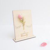 Kadoosje mini "Voor jou" (roze) - by Nordhus - mini boeketje op houten kaartje - droogbloemen - origineel cadeau - moederdag - dankjewel - zomaar - feest - verjaardag - einde schooljaar - juf - meester - bedankje leerkracht