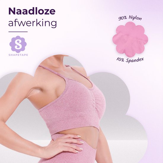 Vrouw in roze sportbeha. Illustratie van stofcomponenten: 90% Nylon, 10% Spandex.