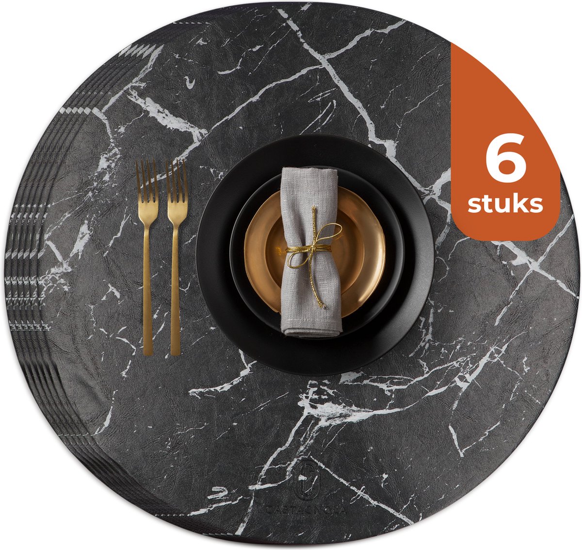 Castagnola Lederlook Placemats - Ronde Placemats - Antislip Placemat van Kunstleer - Waterafstotende Onderlegger - Onderzetter - 6 Stuks - Diameter 38 cm - Zwart/Wit