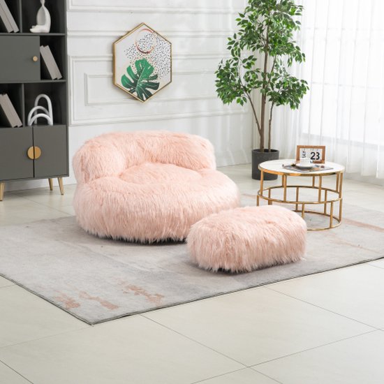 Comfortabele Fluffy Zitzak Stoel met Ottomaan voor Volwassen Kinderen - Moderne Accent Stoel - Zachte Fluffy Faux Bont Zitzak Luie Slaapbank Bed - Voor Woonkamer Appartement Slaapkamer Home Office - Roze