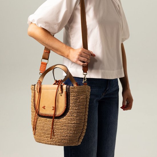 Manfield - Beige raffia leren handtas