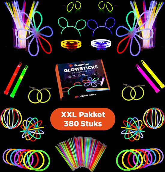 Foto: Sparklyn xxl glow in the dark stick set 380st glowsticks met accessoires breekstaafjes neon party