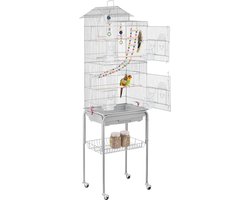 Vogelkooi parkieten vogelvolière kanaries kooi met vogelspeelgoed met standaard 46 x 35,5 x 158,5 cm HMTM-BC-10004-Gray