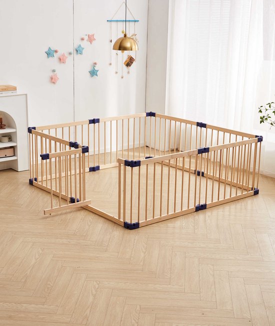 Foto: Lucellia houten grondbox inklapbare box 172x172 cm bruin blauw playpen baby babypark kruipbox kinderbox baby box speelbox