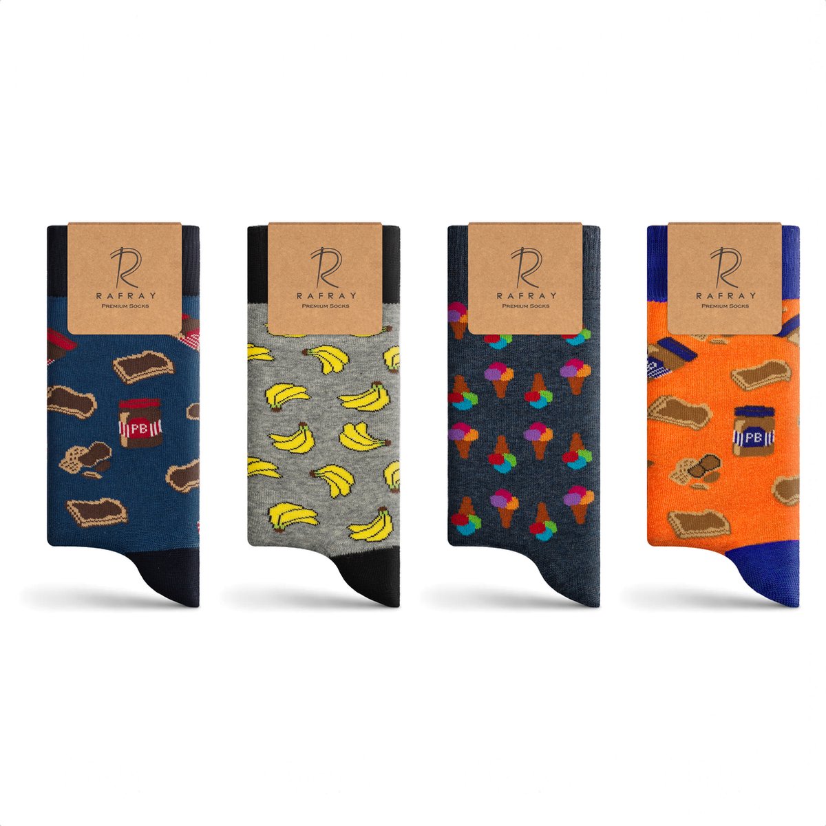 RAFRAY Funky Sokken – IJsjes, Pindakaas & Bananen Design – Cadeaubox – Ice Cream-Peanut Butter-Banana Socks – Premium Katoen – 4 Paar – Maat 40-44