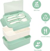 Lunchbox Bento Box broodtrommel volwassenen 1400 ml met 3 vakken voor kinderen incl. bestek snackbox voor magnetron en vaatwasser, school, werk, picknick, reizen (lichtgroen + sausbak)