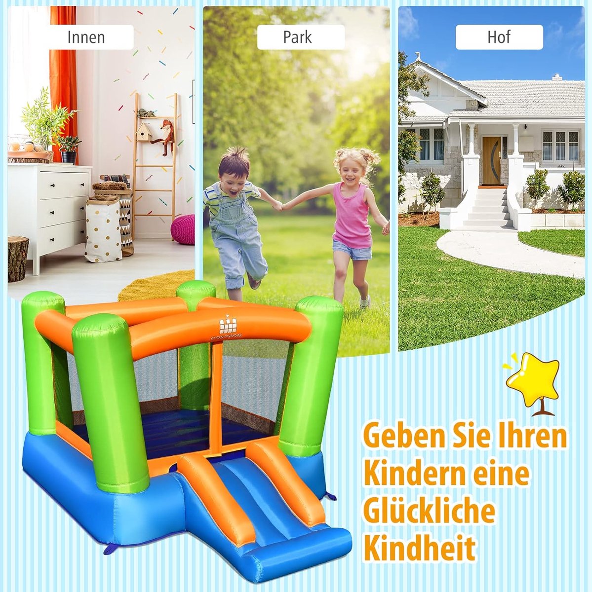 COSTWAY Springkasteel met ventilator, springkasteel met groot