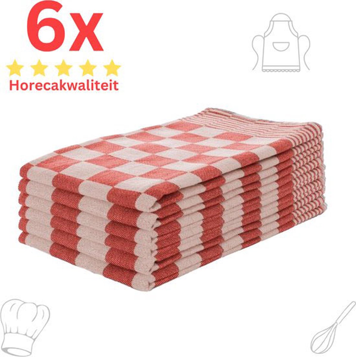 Theedoeken - Horeca Kwaliteit - Katoenenen Theedoeken set - 6 x - Rood Wit - Ophang Lus