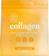 Alpha Foods Collageen poeder met Hyaluronzuur & Elastine - Collagen peptides type 1, 2 en 3 van weidebouw, Collagen drink zonder toevoegingen, Collageen supplement van 400 gram voor 26 shakes of porties, met Vanille smaak