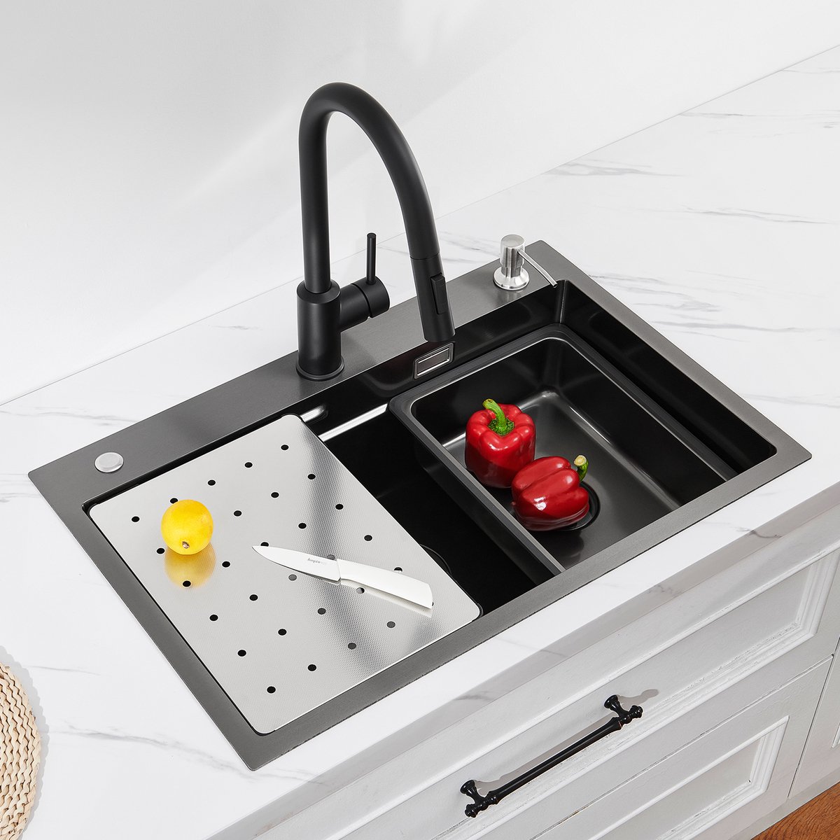 CECIPA max - 70×45cm XL Spoelbak Keuken -Multifunctionele Spoelbak -Gootsteen Roestvrij staal- Wasbak met waterafvoersysteem - Antraciet