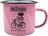Emaille stalen mok 350ml - Roze girl on bicycle in the city