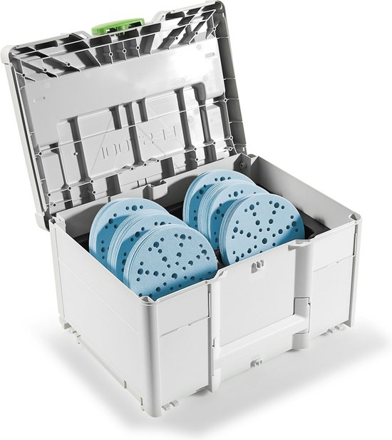 Open witte Systainer³ met meerdere blauwe schuurschijven erin, op witte achtergrond.