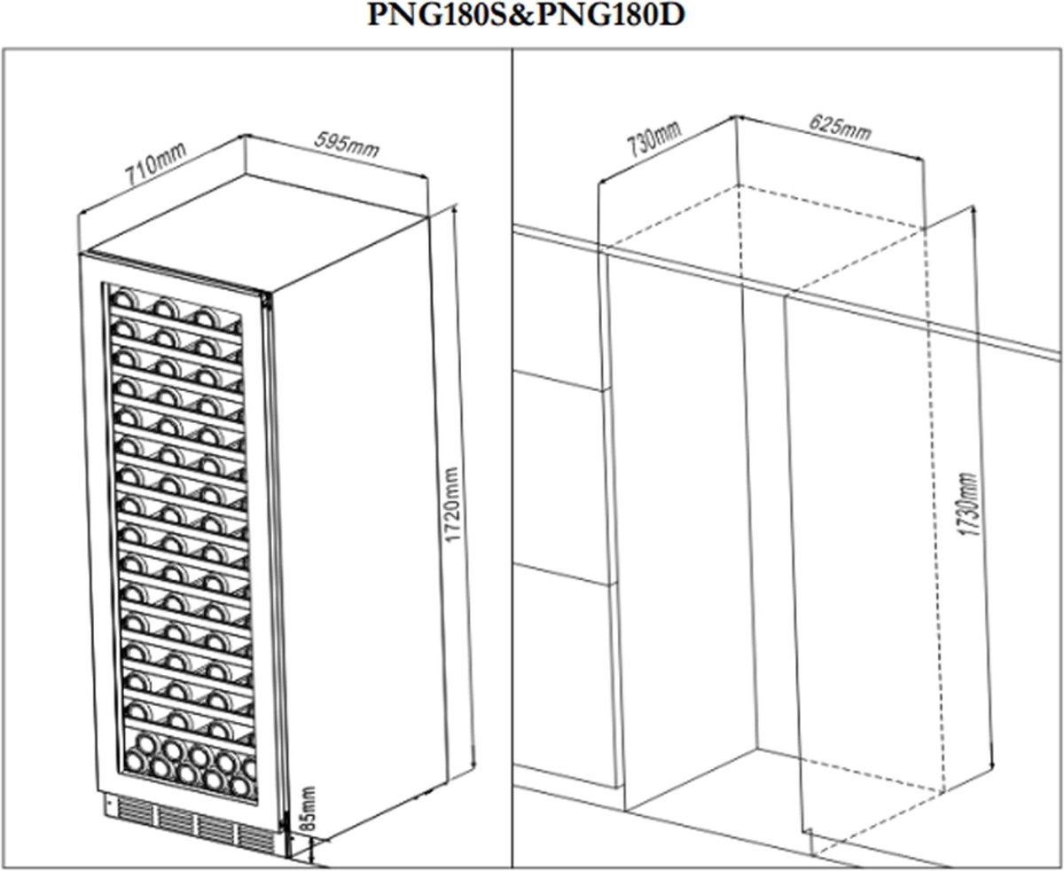 Pevino NG180 Wijnkoelkast 2 Zones 150 Flessen Stainless - afbeelding 3