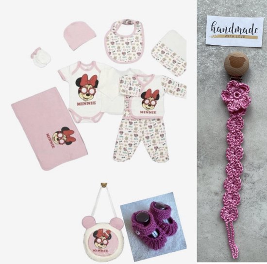 Disney Minnie mouse 10-delige baby newborn kledingset - Handgemaakte babyslofjes fopspeenkoord cadeau - Minnie mouse tas cadeau - Newborn set - Babykleding - Babyshower cadeau - Kraamcadeau