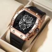 Heren Skelet Dial - Rosé en Zwart - Heren Mode - Luxe Gel Riem - Waterdicht - Heren horloge -
