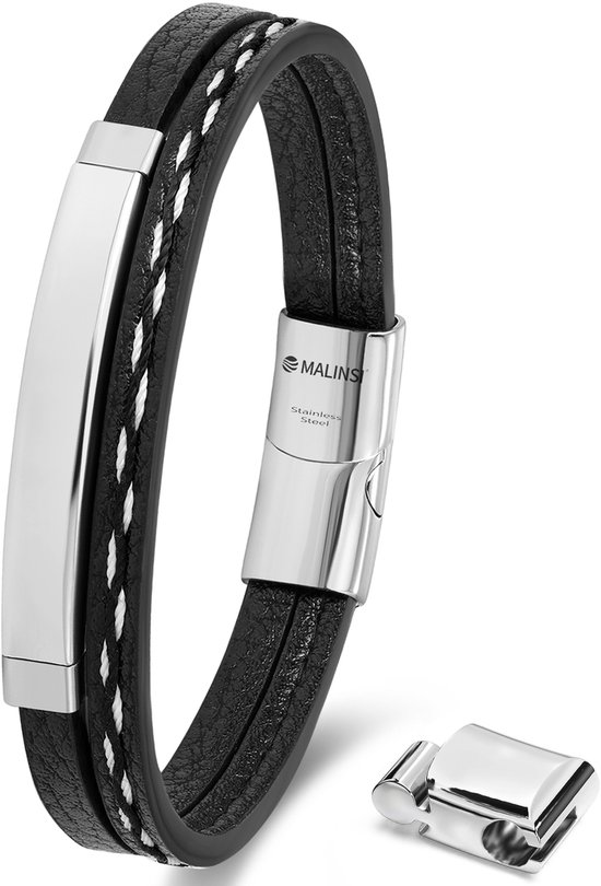 Malinsi Armband Heren - Touch Zwart Leer Snoer en Zilver RVS - Mannen Armbandje 20 + 2 cm Verlengstuk