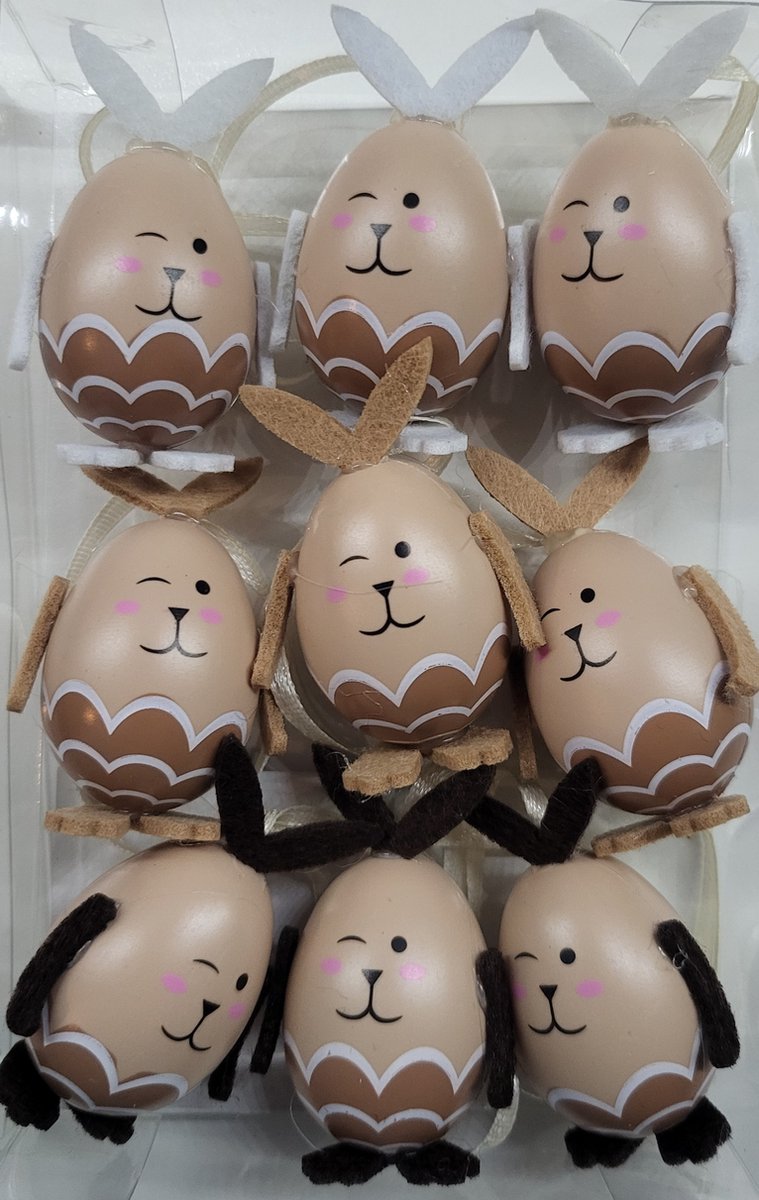 9 paashangers creme met gezichtjes - bruine paaseitjes voor paasboom met Pasen