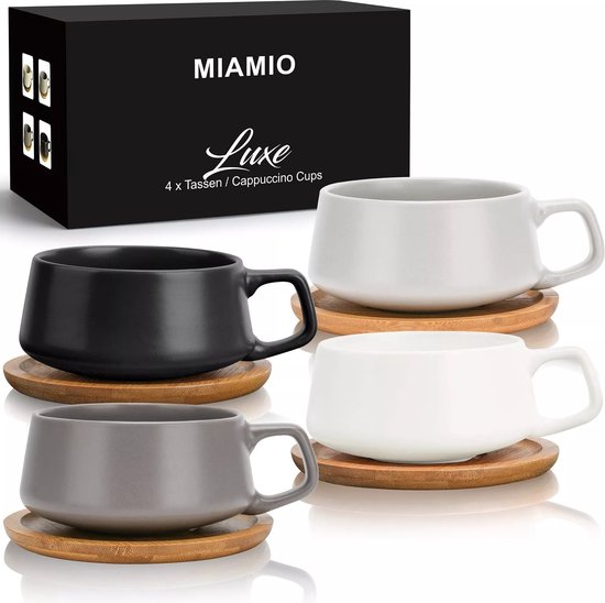 MiaMio - Set van 4 Cappuccino/koffie/theetassen met houten onderlegger - 320ml