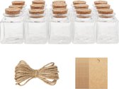 15 Pak Glazen Geschenk Potten Set met Kurken Doppen, Labels en Touw – Mini Vierkante Luchtdichte Opslag Flessen en Labels voor Huwelijkgeschenk, Feest, Keuken Spijzen en Jam