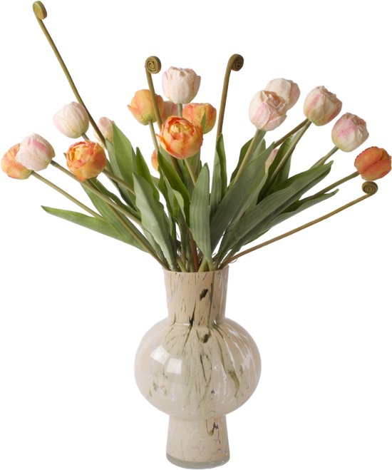 WinQ - Tulipes roses et Oranje avec verdure - Bouquet de tulipes artificielles 42 cm - 14 tulipes - Fleurs Fleurs artificielles - fleurs en soie - Vase en verre exclusif